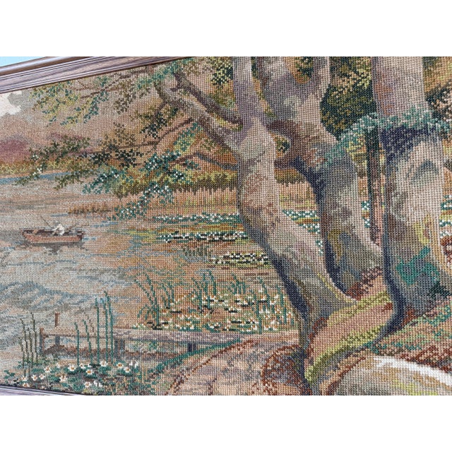 1980's Vintage Needlepoint Landscape Textile Wall Art – Framed For Sale - Image 4 of 11