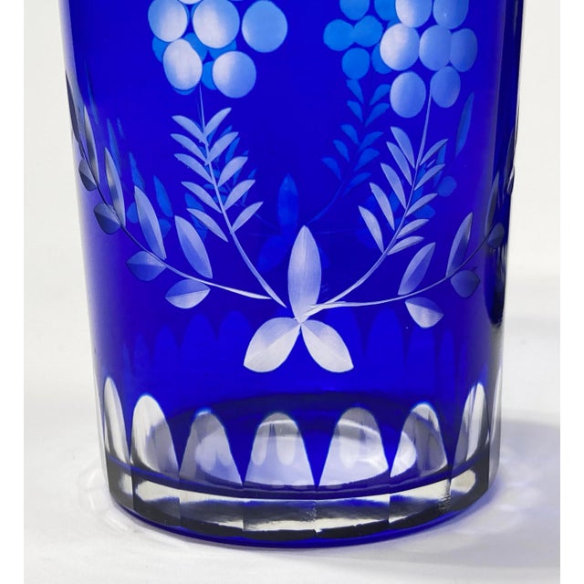 Blue Vintage Bohemian Cobalt Blue Cut Crystal "Tumble Up" Carafe and Glass For Sale - Image 8 of 8