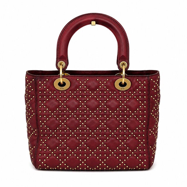 Contemporary Christian Dior Medium Lady Dior Cannage Studded Burgundy Leather Bag With Strap For Sale - Image 3 of 12