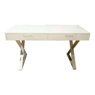Vintage John Stuart 2 Drawer White Lacquered Wood Campaign Desk With X Chrome Base, Retored For Sale
