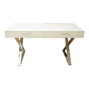 Vintage John Stuart Restored 2 Drawer White Lacquered Wood Campaign Desk With X Chrome Base