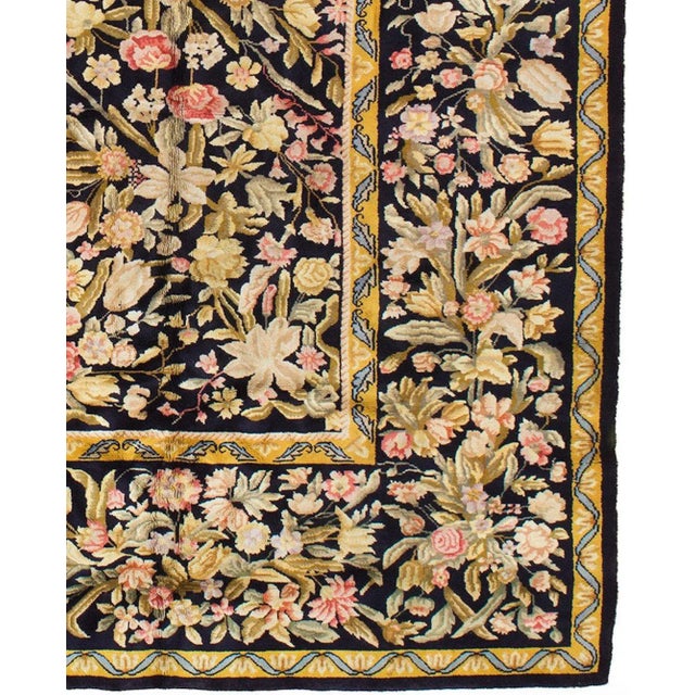 1940s Midnight Blue Austrian Savonnerie Rug with White Flowers For Sale - Image 4 of 5