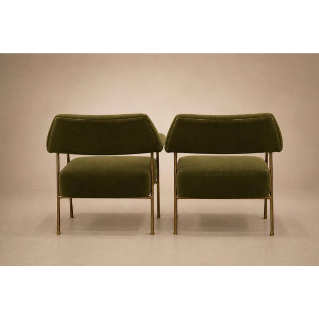 Joaquim Tenreiro Brazilian Modern Pair of Armchairs in Aged Brass & Olive Green Mohair by Joaquim Tenreiro, 1950s For Sale - Image 4 of 17