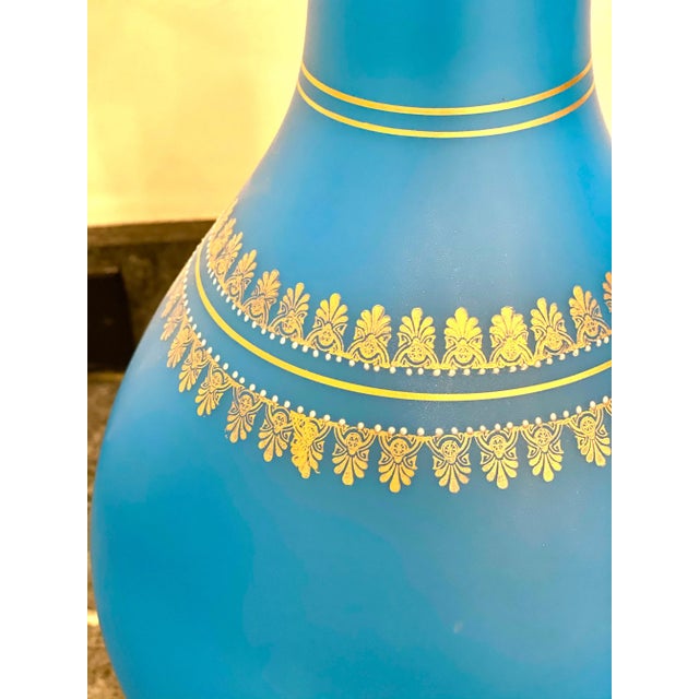 Metal Vintage Mid 20th Century Blue Glass Lamp With Hand Painted Gold Detail For Sale - Image 7 of 8