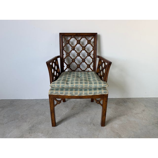 Hollywood Regency Vintage Chinese Chippendale Style Open Lattice Armchair For Sale - Image 3 of 12