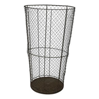 Vintage Industrial Wire Mesh Metal Trash Can / Waste Basket - Tapered Cylindrical Open-Top Bin For Sale