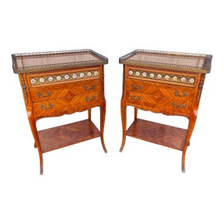 Italian Satinwood Nightstands With Brass Gallery, Ormolu, Porcelain Medallions- a Pair For Sale