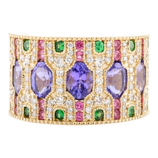 Stately 14k Solid Gold Wide Band With Multi Gem Contemporary Ring Size 6 For Sale