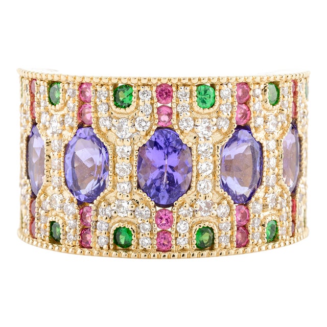 Stately 14k Solid Gold Wide Band With Multi Gem Contemporary Ring Size 6 For Sale