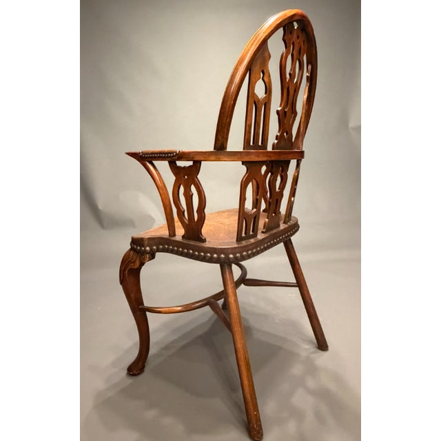 1990s Set of 6 Gothic Windsor Style Mahogany Dining Chairs With Leather Seats, 2 Armchairs & 4 Side Chairs For Sale - Image 10 of 15