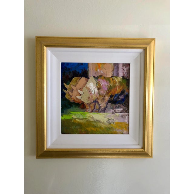 This 1980s oil on canvas Hovik was acquired in Prague, Czech Republic. A stunning modern abstract rhino framed in a museum...