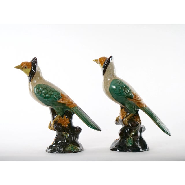 Large Pair English Glazed Porcelain / Terracotta Birds Statues For Sale - Image 11 of 13