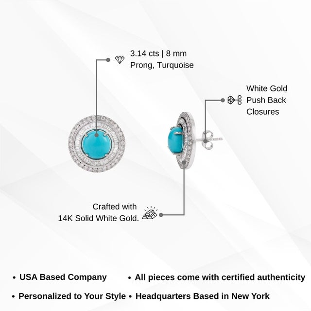 14k Gold 3.14ct Turquoise Cabochon & Diamond Double Halo Stud Earrings- A Pair For Sale - Image 12 of 15