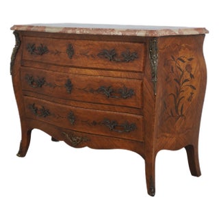 Vintage French Louis XV Style Bombe Marble Top Commode Chest For Sale