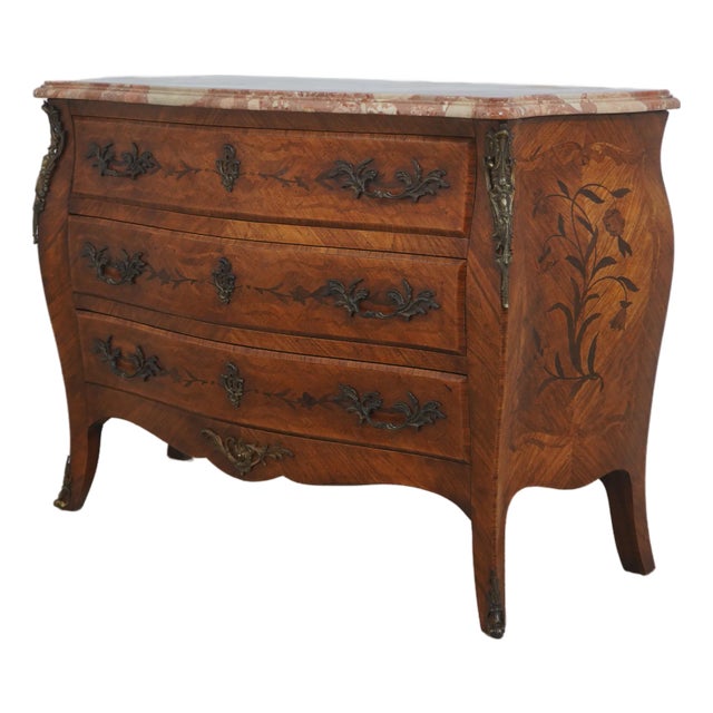 Vintage French Louis XV Style Bombe Marble Top Commode Chest For Sale