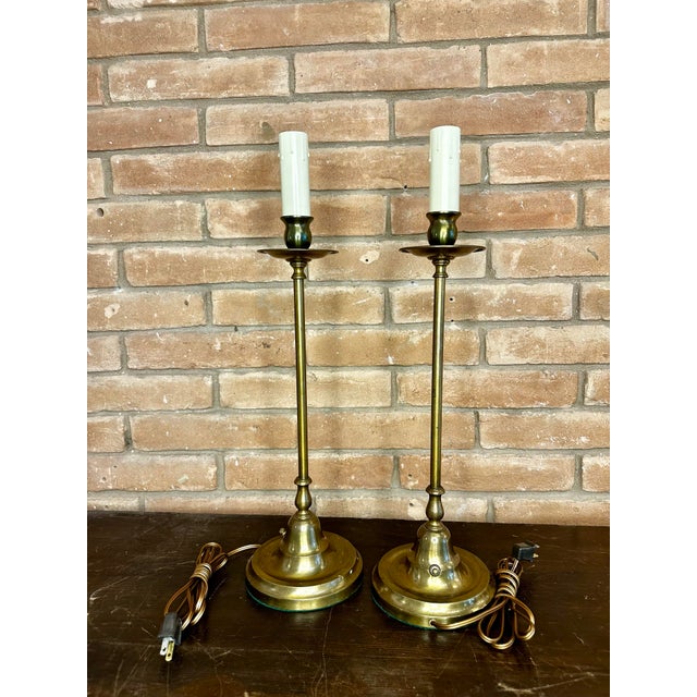 1970s Pair of Vintage Stiffel Brass Candlestick Lamps With Brass Shades For Sale - Image 5 of 10