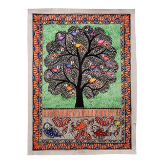 Mamta Devi (2016 National Award Recipient) – Hand-Painted Madhubani Folk Painting of Tree of Life With Colorful Birds and Fish For Sale