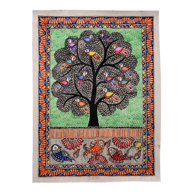 Mamta Devi (2016 National Award Recipient) – Hand-Painted Madhubani Folk Painting of Tree of Life With Colorful Birds and Fish For Sale