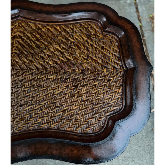 1980s Maitland-Smith Regency Faux Bamboo Base Leather and Wicker Tray Top Coffee Table For Sale - Image 13 of 18