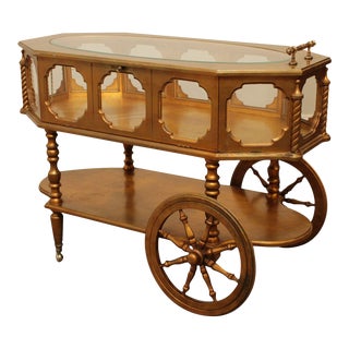 Hollywood Regency Vintage Gold Leaf Display Cabinet Bar Cart For Sale