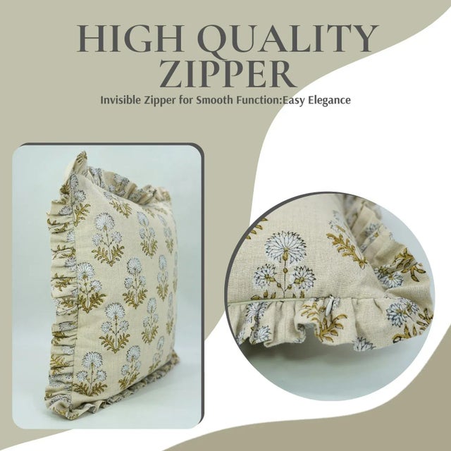 Art Deco Fabdivine Indian Block Print Frill Cushion Cover 18x18 Inch Pure Linen- Rishi For Sale - Image 3 of 5