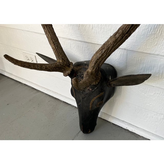 Brown Antique 19th Century Folk Art Carved Wood Black Forest Baroque Deer Head & Antlers Wall Trophy For Sale - Image 8 of 12