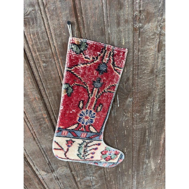 Vintage Turkish Rug Christmas Stocking, Bohemian Red Floral, Cream Blue ...