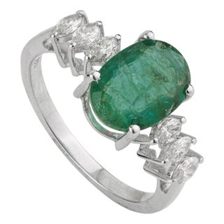 Modern Mid Century Style 2.54 Ct Oval Emerald & Marquise Diamond Ring in 925 Silver Size 5 For Sale