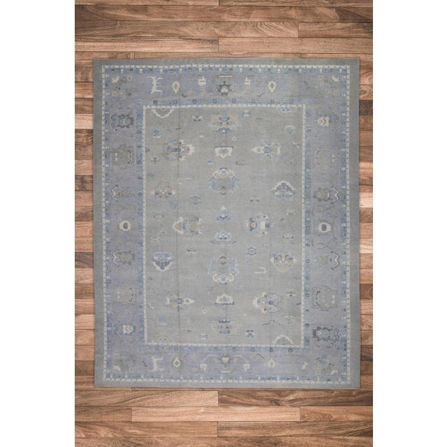 Textile Early 21st Century Green & Blue Floral Design Handwoven Wool Turkish Oushak Rug 12'6" X 15'2" For Sale - Image 7 of 8