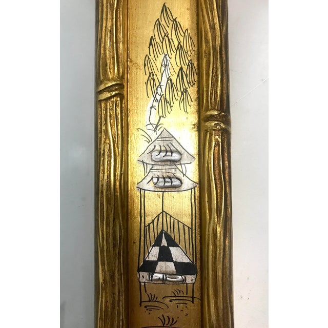 Vintage Chinoiserie Rectangular Faux Bamboo Gilt La Barge Style Wall Mirror, Miniature Hand Painted Figures & Landscapes For Sale In Tampa - Image 6 of 8