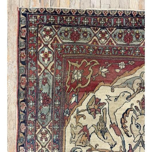 Textile Mid Century Cream Traditional Luxury Pictorial Animal Antique Kerman Silk Rug For Sale - Image 7 of 8