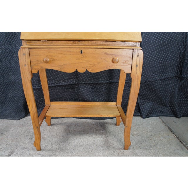 Antique Victorian Petite Oak Mirrored Slant Top Secretary Ladies Writing Desk For Sale - Image 12 of 14