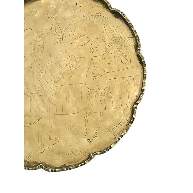 Brass Vintage Chinese Engraved Brass Gallery Cocktail Tray For Sale - Image 8 of 9