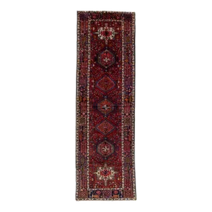 1960s Vintage Persian Heriz Handmade Navy Blue Medallion Wool Runner