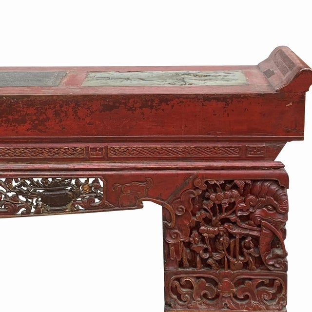 Brick Red Chinese Vintage Brick Red Golden Carving Long Altar Console Table For Sale - Image 8 of 11