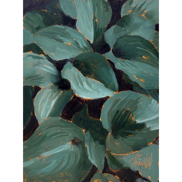 Hosta Party presents a vibrant arrangement of lush green hosta leaves, capturing their rich textures and subtle variations...