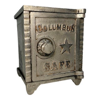 Antique Original 1900s Cast Iron Columbus Star Safe Lock Deposit Coin Still Bank For Sale