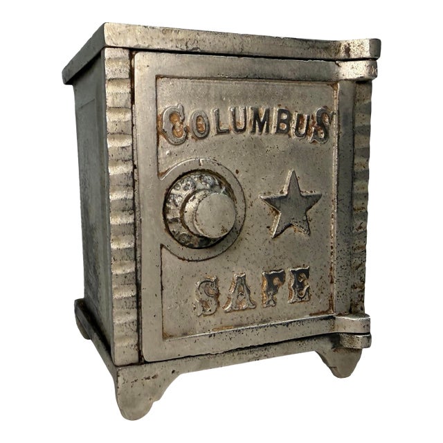 Antique Original 1900s Cast Iron Columbus Star Safe Lock Deposit Coin Still Bank For Sale