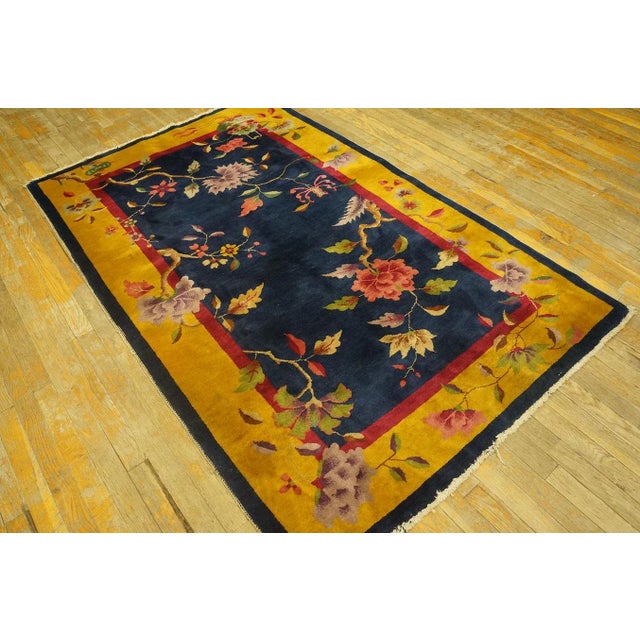 Art Deco Lovely Navy Blue Background and Yellow Gold Border Color With Floral Design Antique Chinese Art Deco Rug For Sale - Image 3 of 12