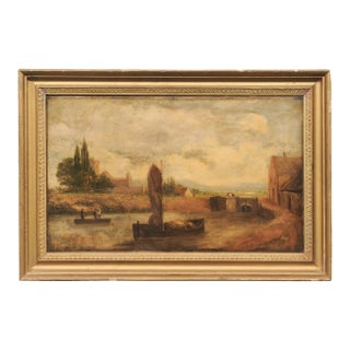 European Riverside Village Painting, 19th C For Sale