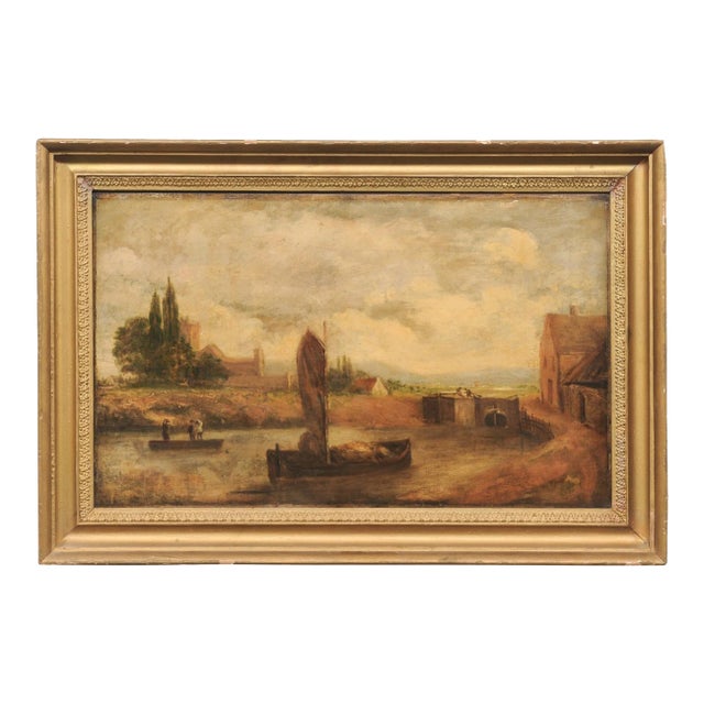 European Riverside Village Painting, 19th C For Sale