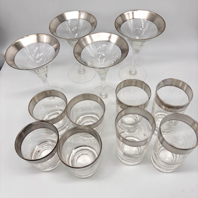 Mid-Century Modern 1950s Dorothy Thorpe Silver Band Barware Set -Martini Highball Lowball Glasses - 12 Pieces For Sale - Image 3 of 11