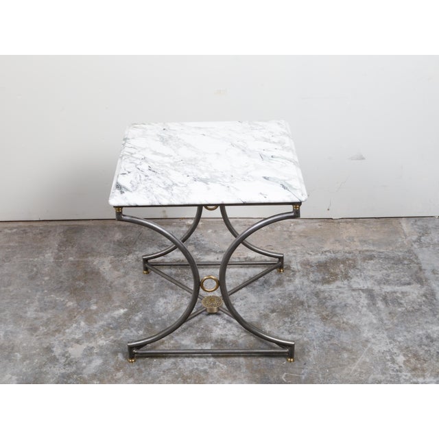 French Mid-Century Steel and Bronze Console Table with White Veined Marble Top For Sale - Image 10 of 12