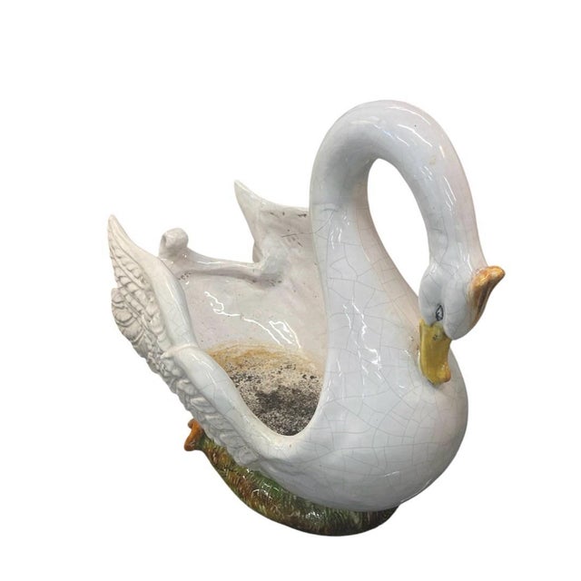 Vintage Mid-Century Italian Majolica Glazed Ceramic Swan Planter For Sale - Image 4 of 12