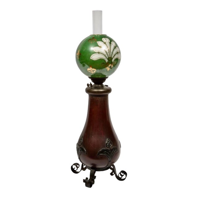 Early 20th Century Bradley and Hubbard Craftsman Oil Lamp With Original Fleur De Lis Shade For Sale