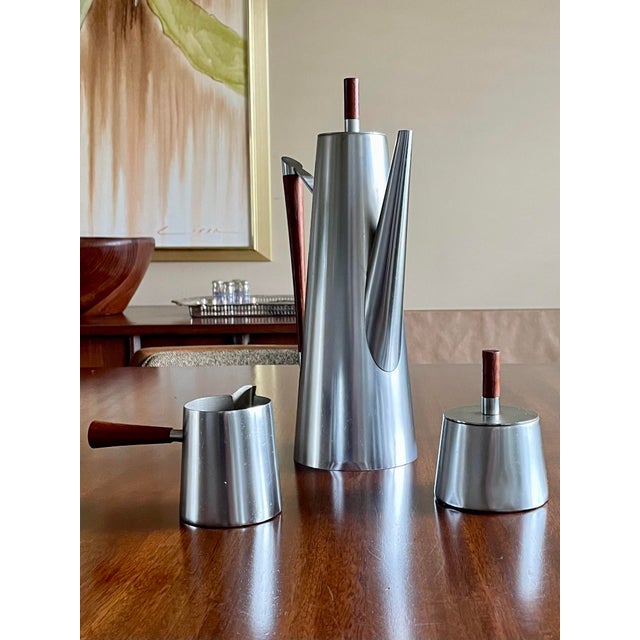 Italian Mid-Century Modern Stainless Steel & Teak Coffee Tea Service - 3pc. Set For Sale - Image 4 of 10