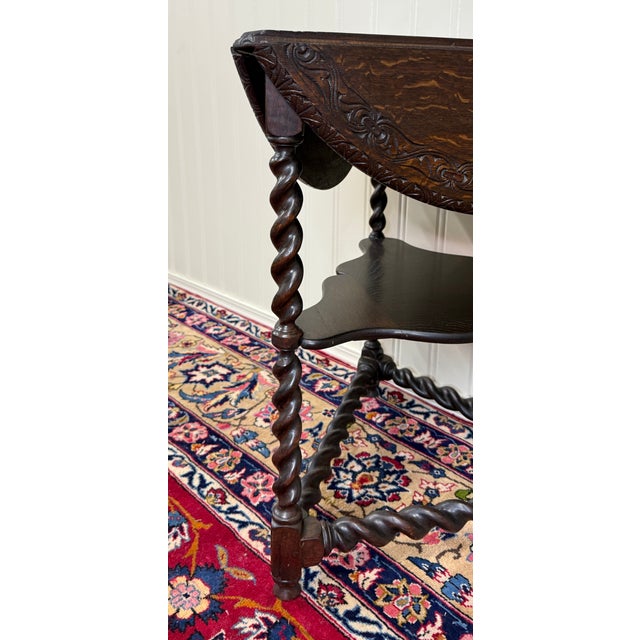 Antique English Envelope Barley Twist Drop Leaf Side Table Carved Oak C. 1900 For Sale - Image 15 of 16