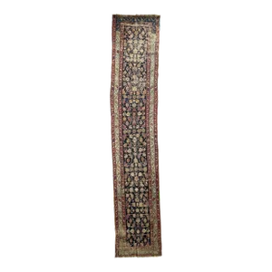 Antique Caucasian Karabagh Runner in Slate Seafoam, Deep Ink, Indigo, Army Green, Pink 3.6 x 17.5