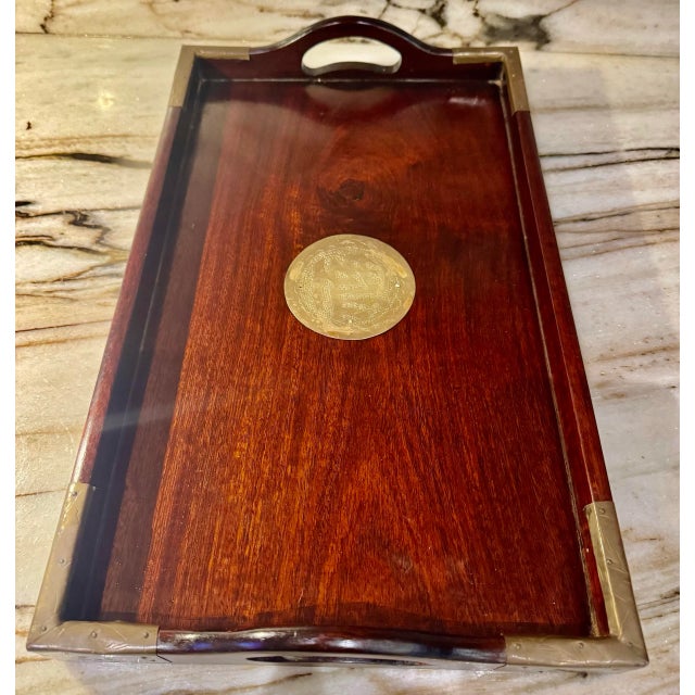 Mid-20th Century Chinese handmade Rosewood tray with brass mounts and Medallion.