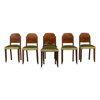 Set of 6 French Art Deco Walnut Dining Chairs in Olive Green Velvet, 1930s For Sale